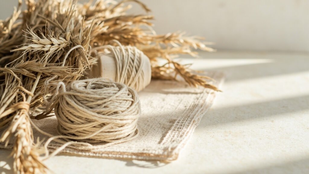 Lin brut, fibres, fil écru et tissu sur travertin.