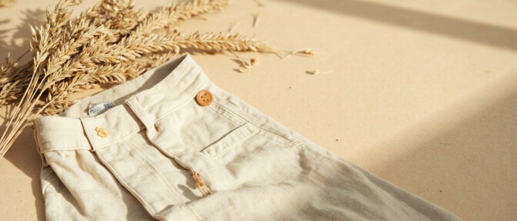 Lin brut, pantalon écru plié et pieds de lin séché sur fond sable.