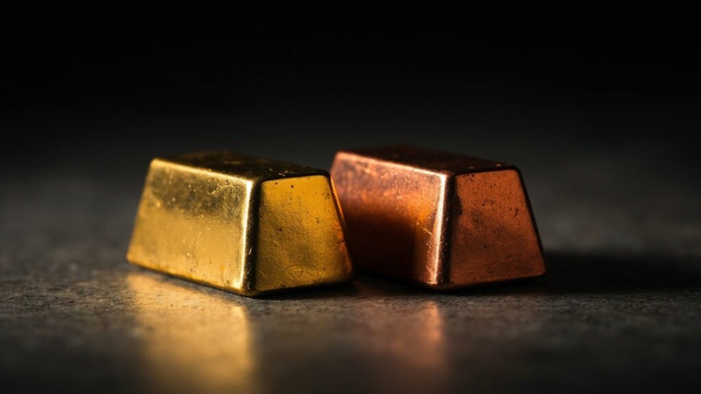 Lingots comparés : or pur jaune et cuivre rouge