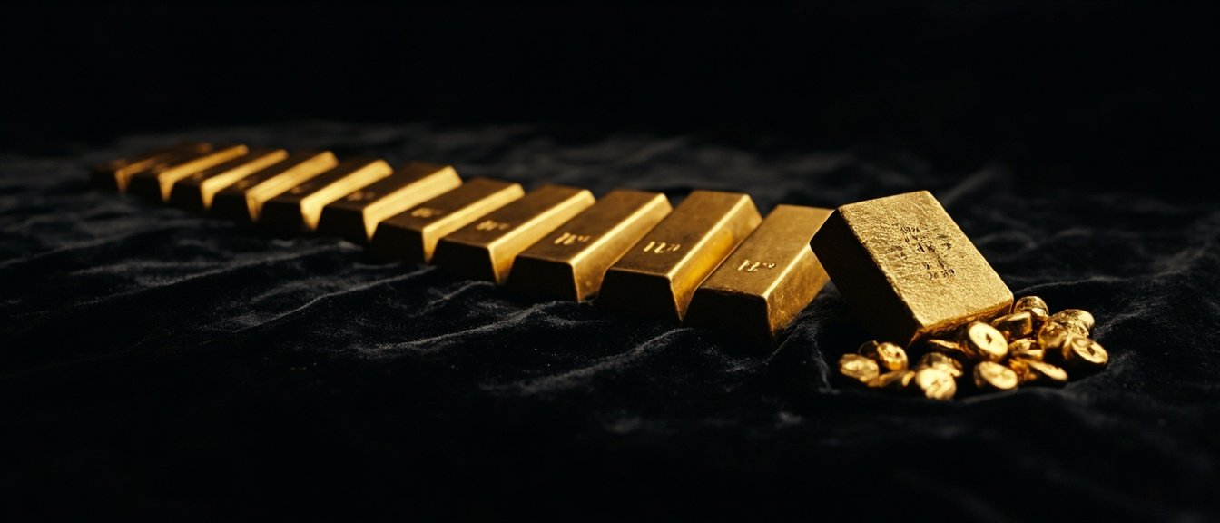 Lingots d'or lisses sur velours sombre, lumière chaude, espace titre.