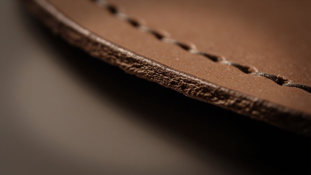 Macro d'une tranche finie : couture régulière et teinture nette