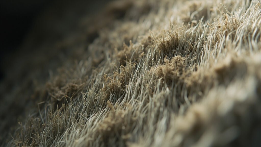 Macro velours : fibres denses piégeant particules entre les poils