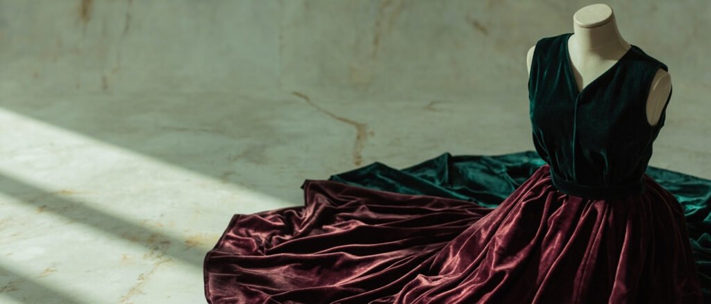 Mannequin en velours bordeaux, plis de velours émeraude et nuit sur marbre.
