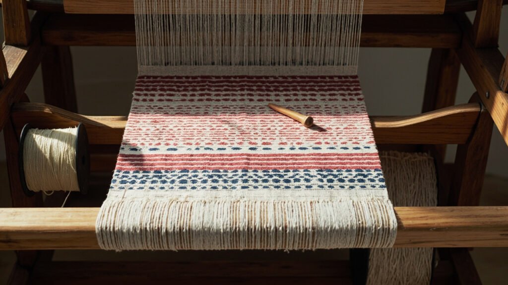 Métier traditionnel et fils de soie ikat teints indigo et cramoisi.