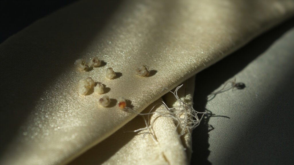 Micro-bouloches, fil tiré et lisière usée sur satin