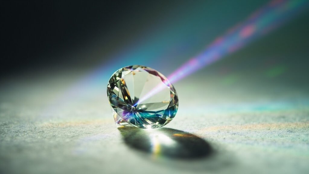 Moissanite révélant ses feux spectraux et sa double réfraction