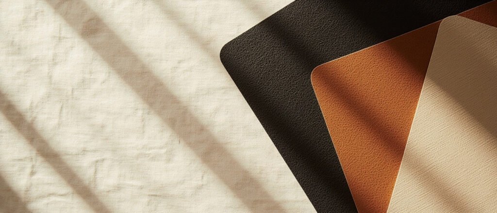 Panneaux de cuir saffiano en noir, cognac et ivoire sur fond lin naturel.