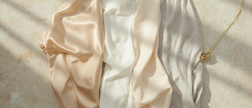 Pano satin champagne drapé, soie ivoire, mousseline perle et polyester, accent d'or.