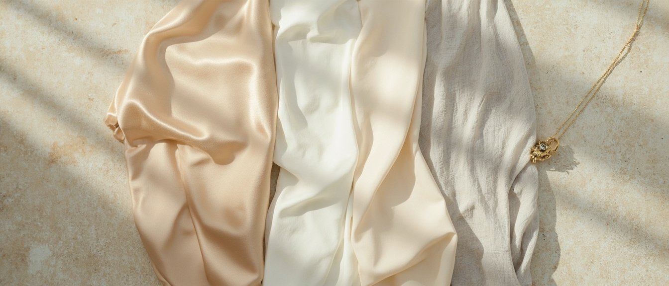 Pano satin champagne drapé, soie ivoire, mousseline perle et polyester, accent d'or.