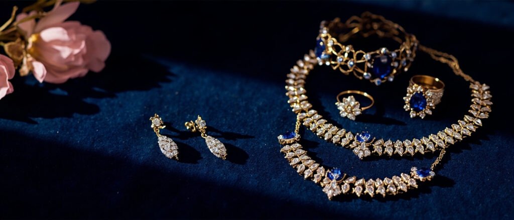 Parure complète en or, diamants et saphirs bleus sur velours noir.