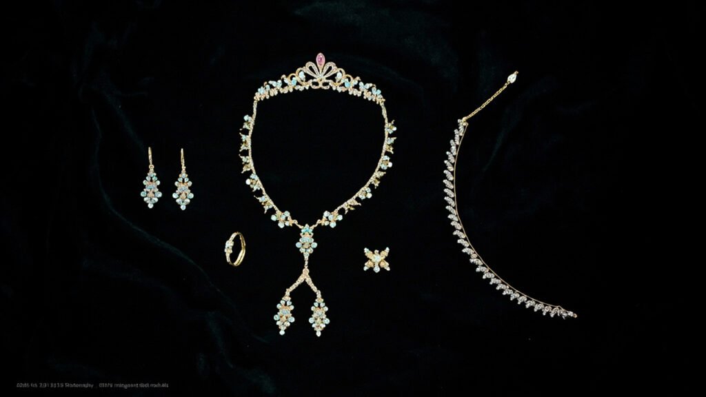 Parure complète étalée : diadème, collier, boucles, broche, bracelet, bague.