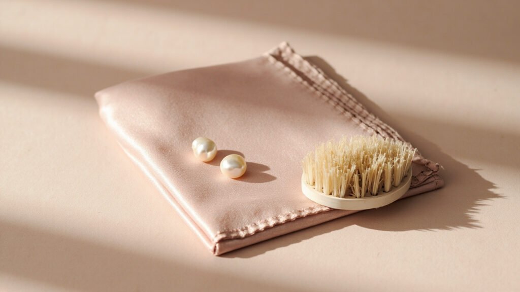 Perle Akoya sur tissu de soie et brosse douce.