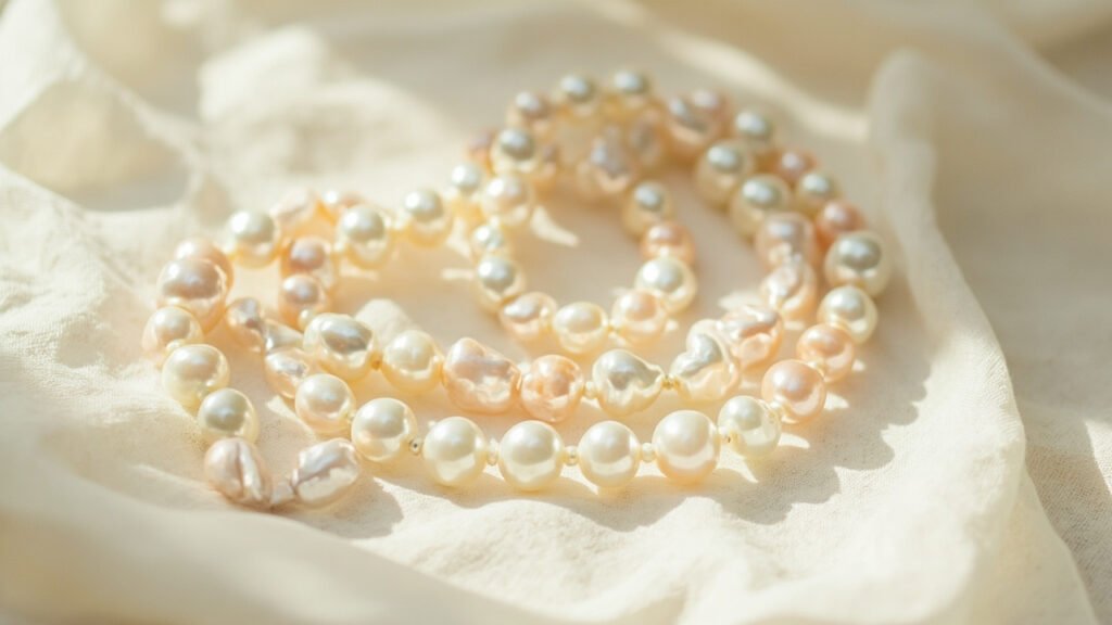 Perles Akoya drapées sur lin pâle, orient rosé.