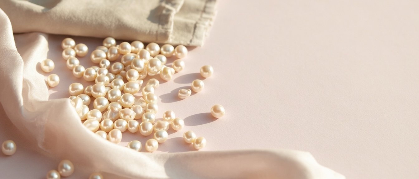 Perles Akoya sur soie pâle avec chiffon daim crème.