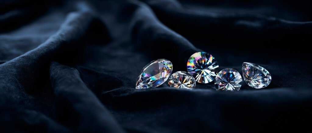 Pierres de moissanite facettées sur soie minuit, feux irisés.