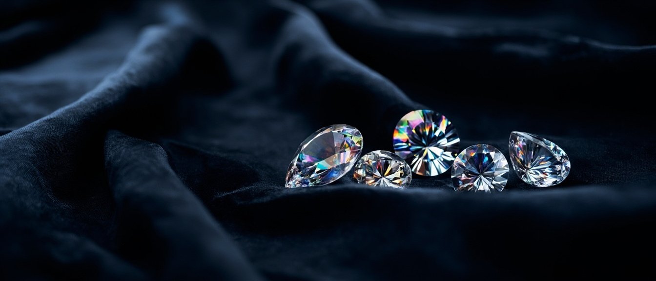 Pierres de moissanite facettées sur soie minuit, feux irisés.