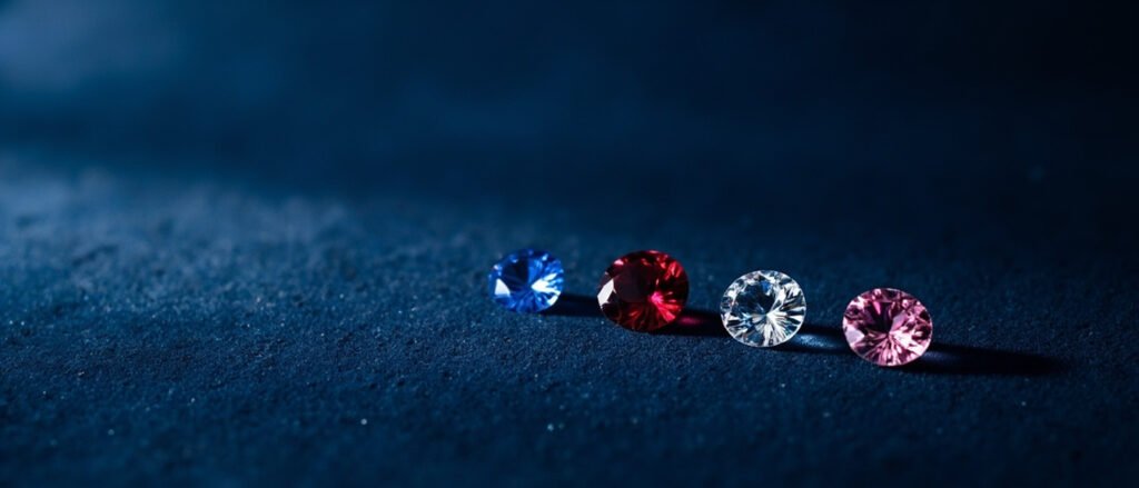 Pierres précieuses taillées sur velours bleu nuit, facettes lumineuses.