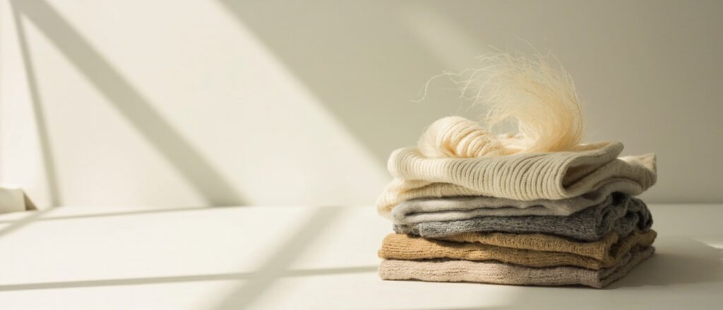 Pile de pulls en cachemire vintage écru, beige et gris, lumière douce.