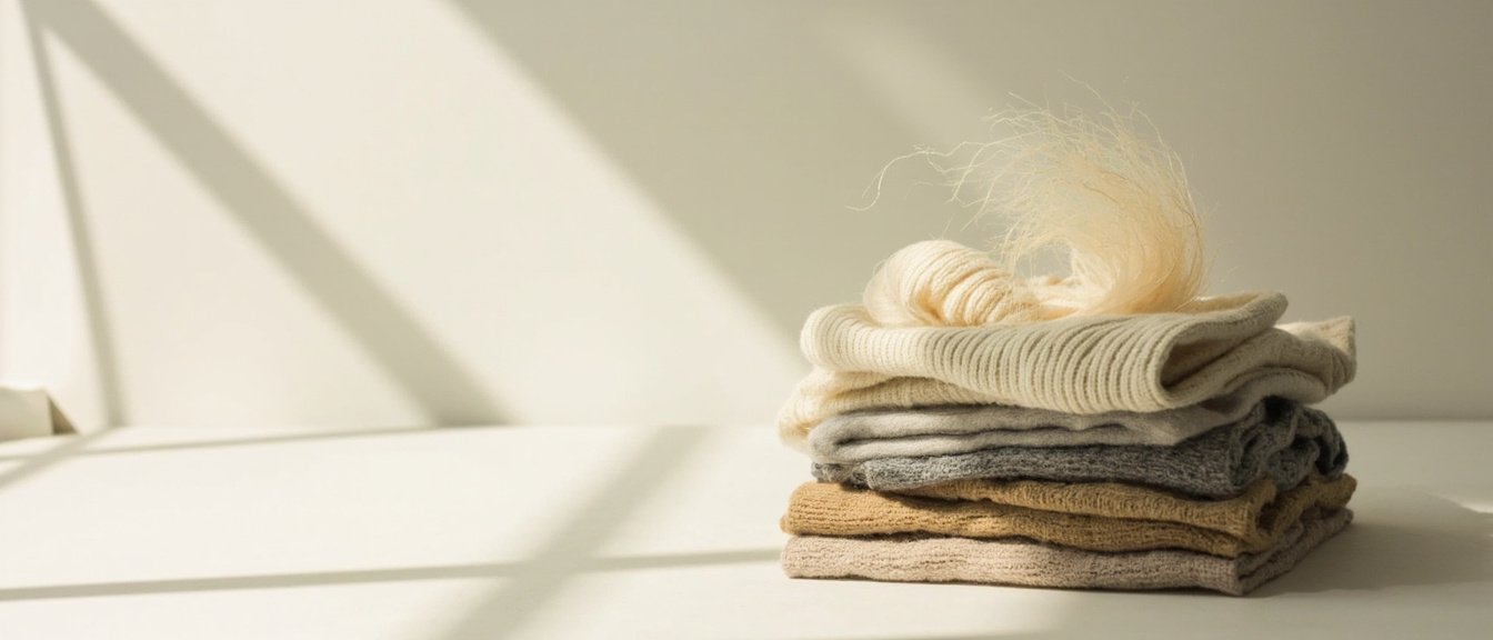 Pile de pulls en cachemire vintage écru, beige et gris, lumière douce.