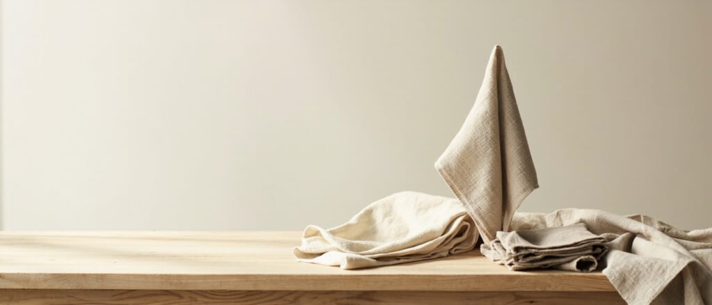 Pliage de serviettes en lin écru et taupe sur chêne clair.