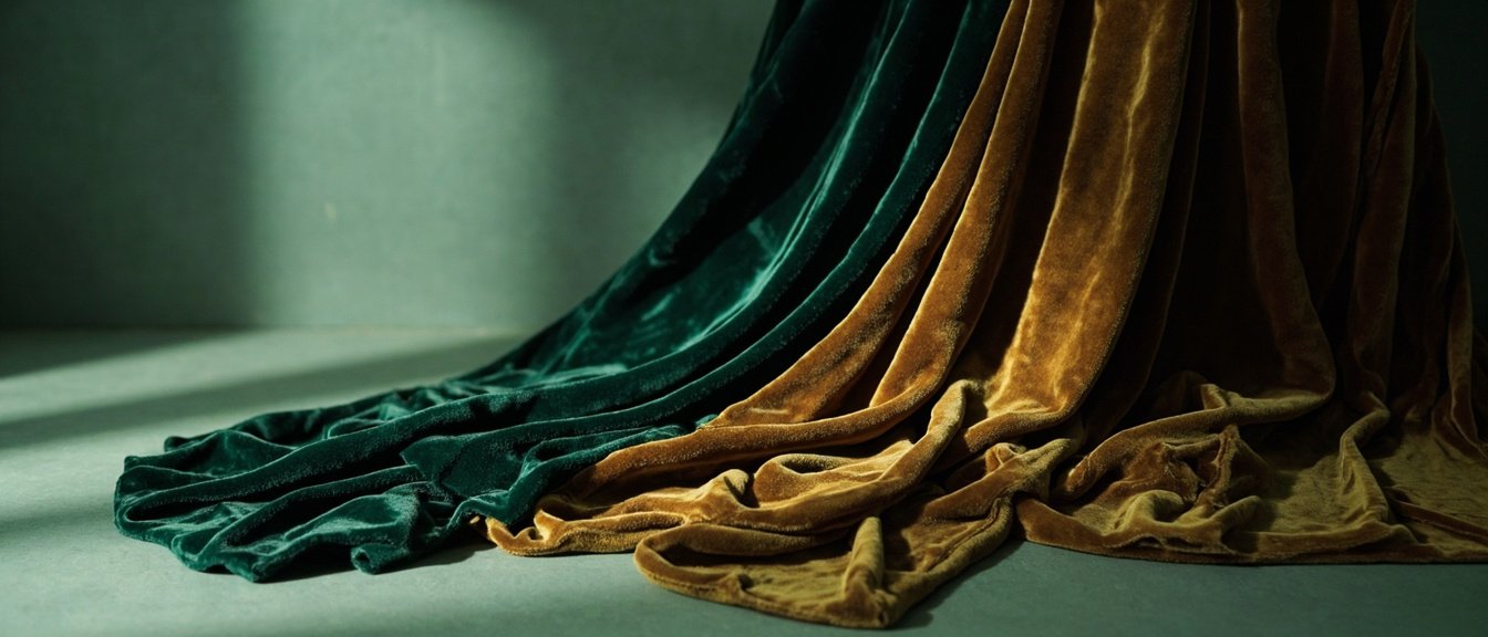 Pliages de velours émeraude, or et champagne, lumière rasante révélant la texture.