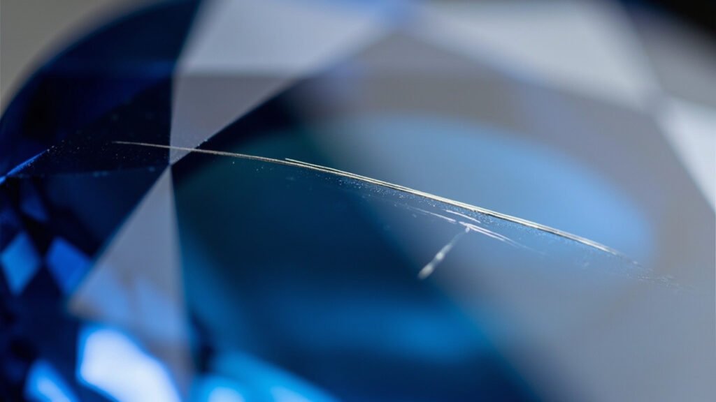 Rayure fine visible sur la facette polie d'un saphir