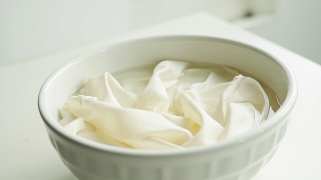 Robe de satin immergée dans une bassine d'eau froide