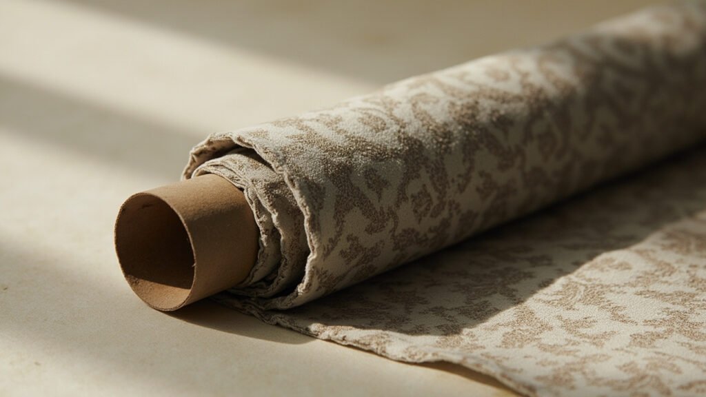 Rouleau de velours jacquard enroulé sur un tube