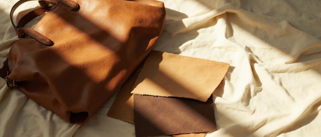 Sac en cuir cognac sur lin crème, grain texturé, lumière chaude, espace négatif.