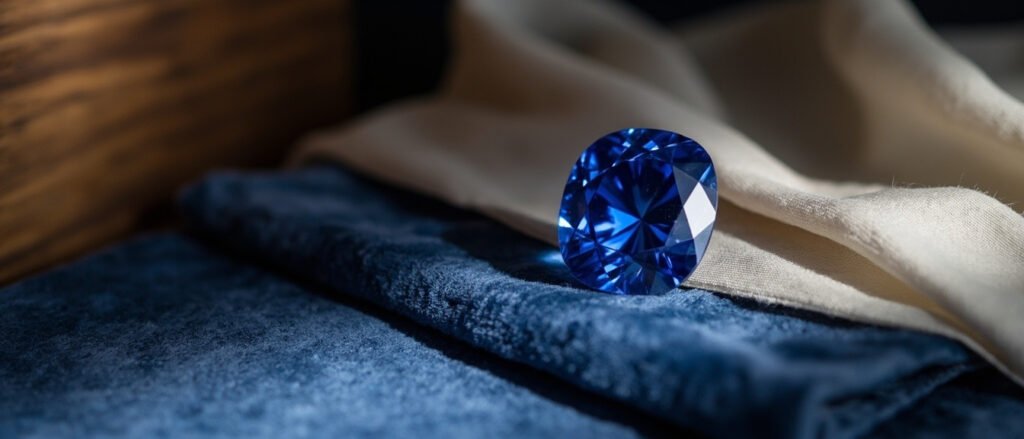 Saphir du Cachemire bleu velouté sur velours et soie crème.
