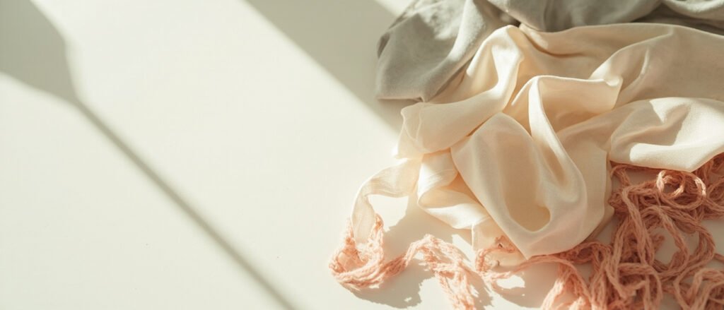 Satin recyclé drapé en champagne, rose poudré et fils libres.