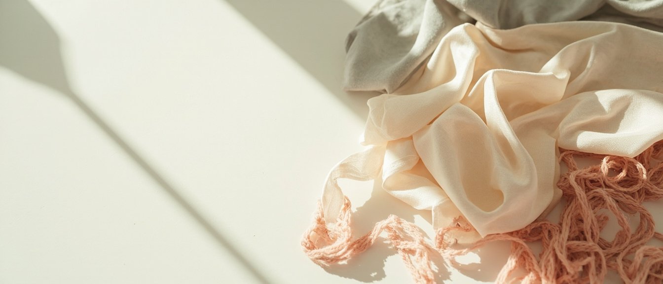 Satin recyclé drapé en champagne, rose poudré et fils libres.