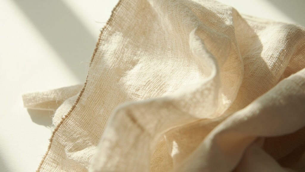 Serviette de lin à contre-jour révélant flamèches et translucidité