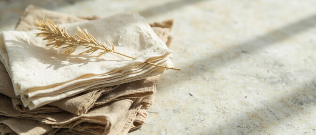 Serviettes en lin naturel empilées, fibre de lin et gouttelette d'eau sur pierre.