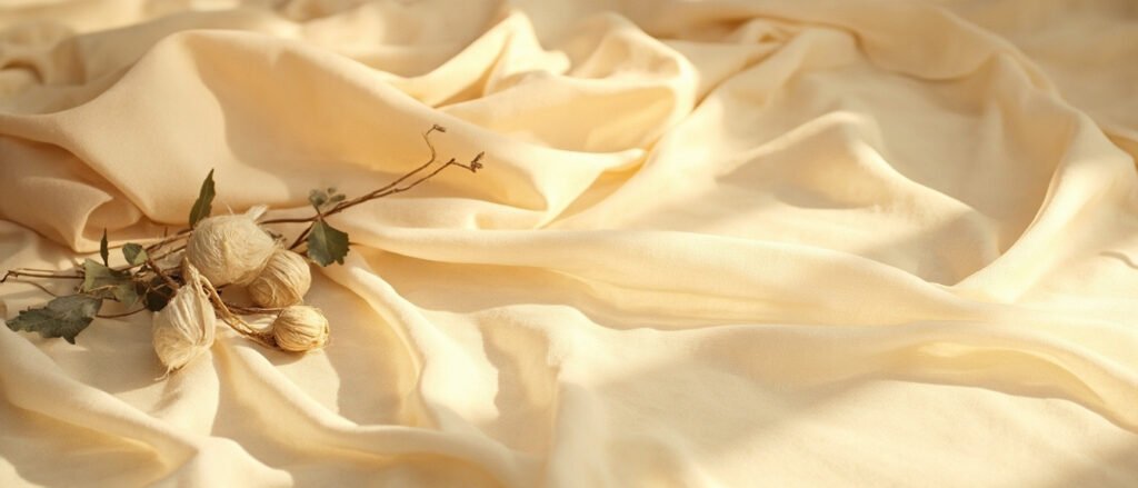 Soie de Côme champagne drapée, fils bruts, cocon et feuilles de mûrier.