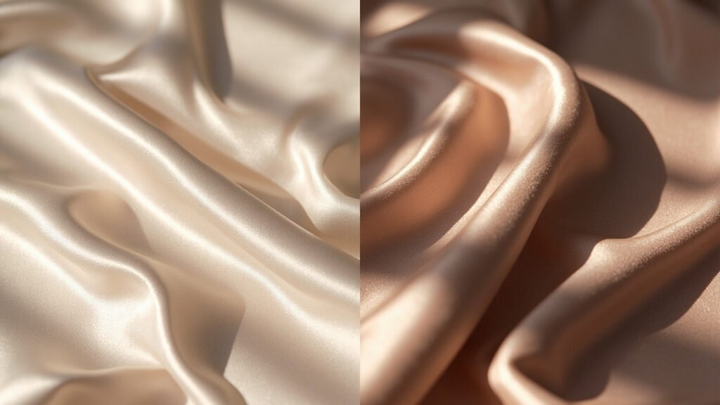 Surface du satin polyester face au satin de soie naturel.