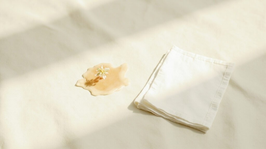 Tache fraîche sur satin avec tissu blanc de buvardage