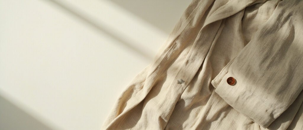 Tissu de lin écru froissé en gros plan, lumière douce.