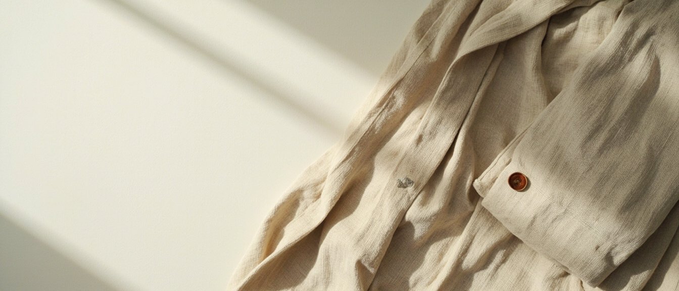 Tissu de lin écru froissé en gros plan, lumière douce.