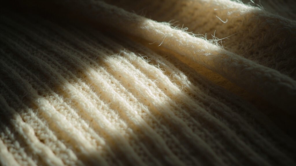 Tricot cachemire grade B sous lumière rasante révélant jarres et densité irrégulière