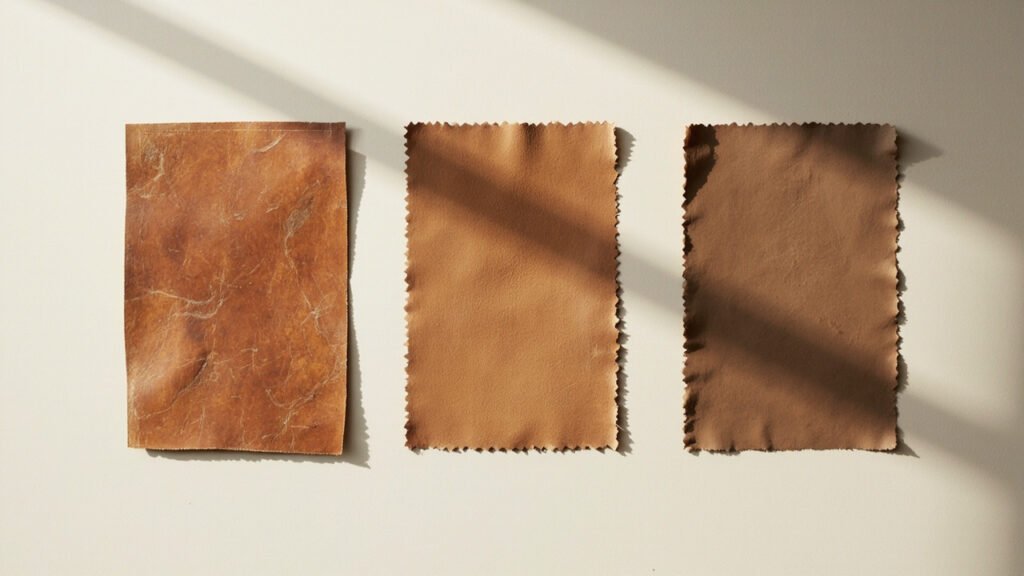 Trois échantillons comparant cuir véritable, reconstitué et imitation