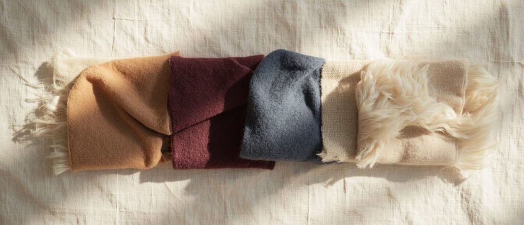 Trois échantillons de cachemire juxtaposés : écru naturel, teintes profondes et mélange chiné.