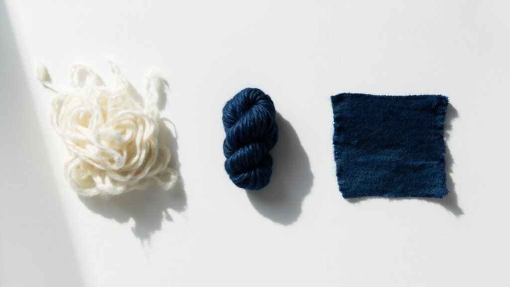 Trois étapes de teinture du cachemire : fibre, fil, tricot