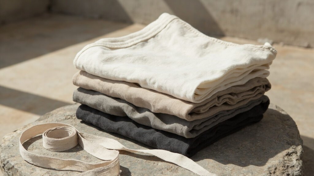 Trois pantalons en lin pliés de poids différents sur grès.
