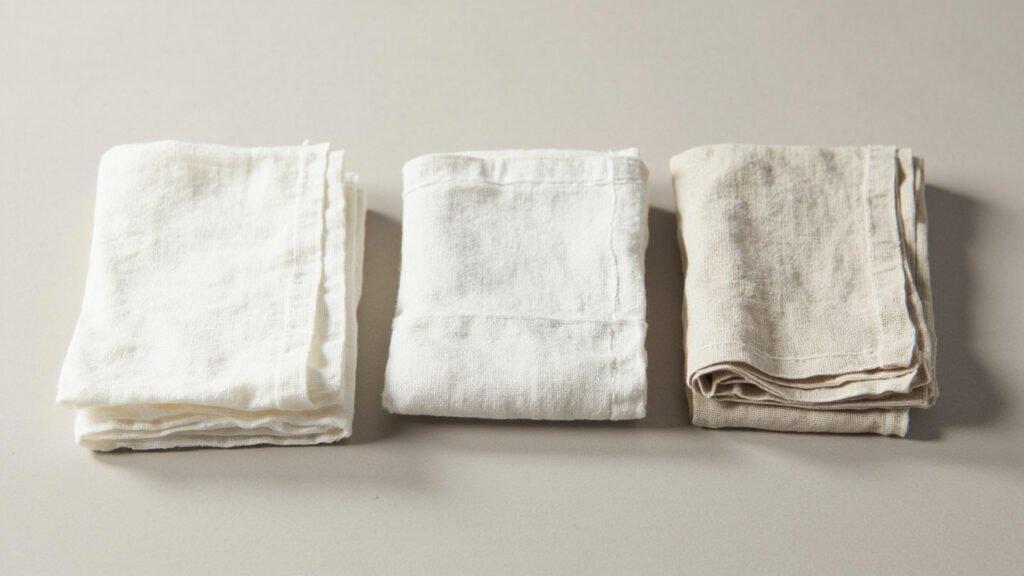 Trois serviettes pliées aux textures de lin différentes