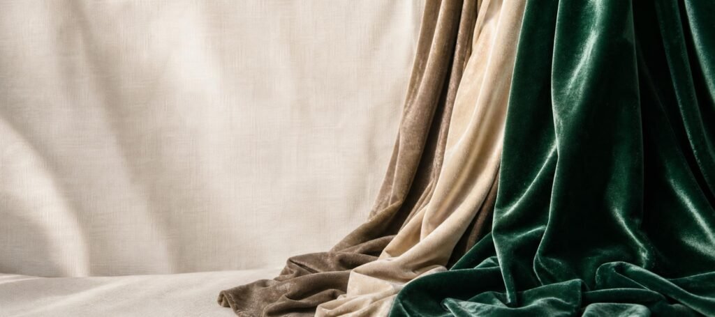 Velours polyester émeraude comparé aux velours de coton, soie et laine.