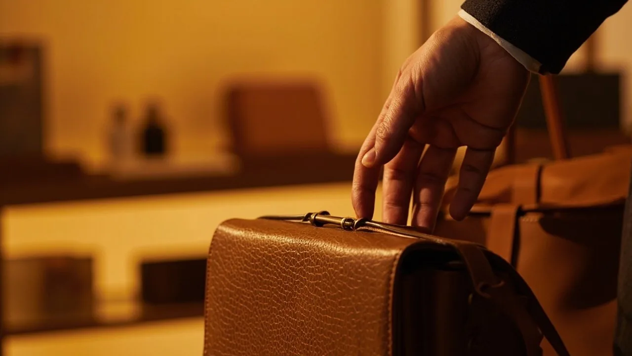 Main effleurant le grain d'un sac en cuir camel dans une boutique de maroquinerie, geste d'expertise