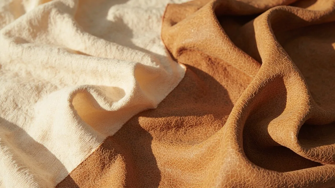 Macrophotographie d'un cuir pleine fleur camel au grain naturel, drapé sur lin ivoire