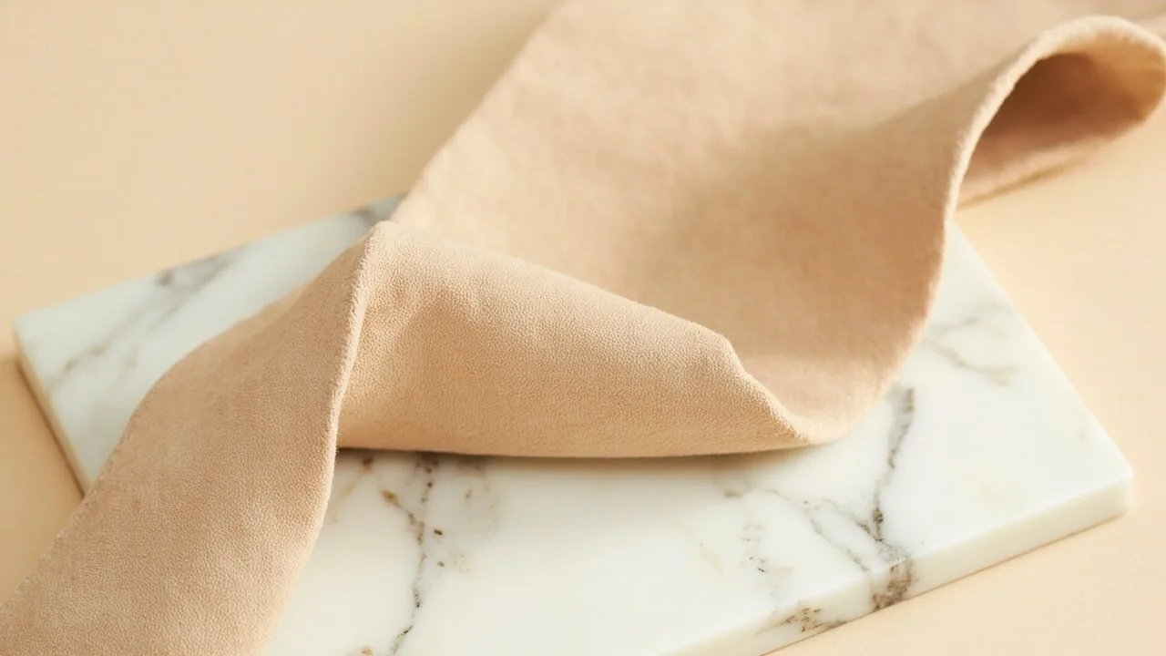 Peau de nubuck sable au fini velouté brossé, posée sur marbre clair
