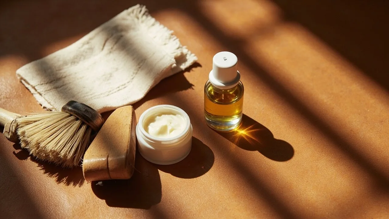 Rituel d'entretien du cuir : crème nourrissante, brosse douce en crin, chiffon ivoire et huile sur cuir camel